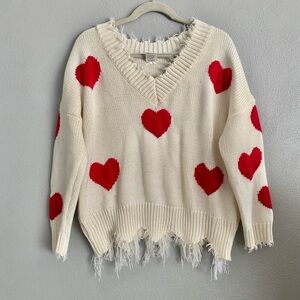 Women’s Sweater Size Large Hearts Valentines Day Knit Fringe V-Neck Cream Red